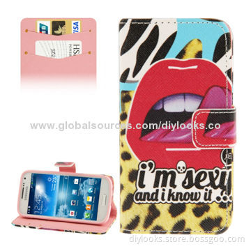 Lip Pattern Flip Leather Cases with Credit Card Slot and Holder for Samsung Galaxy S IV Mini
